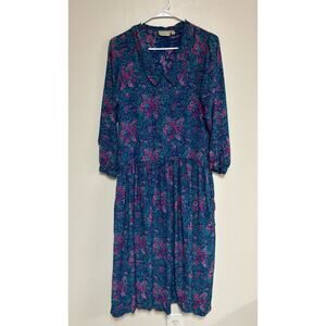 Vtg Komil dress v-neck collar floral blue pink colorful maxi cottage prairie S